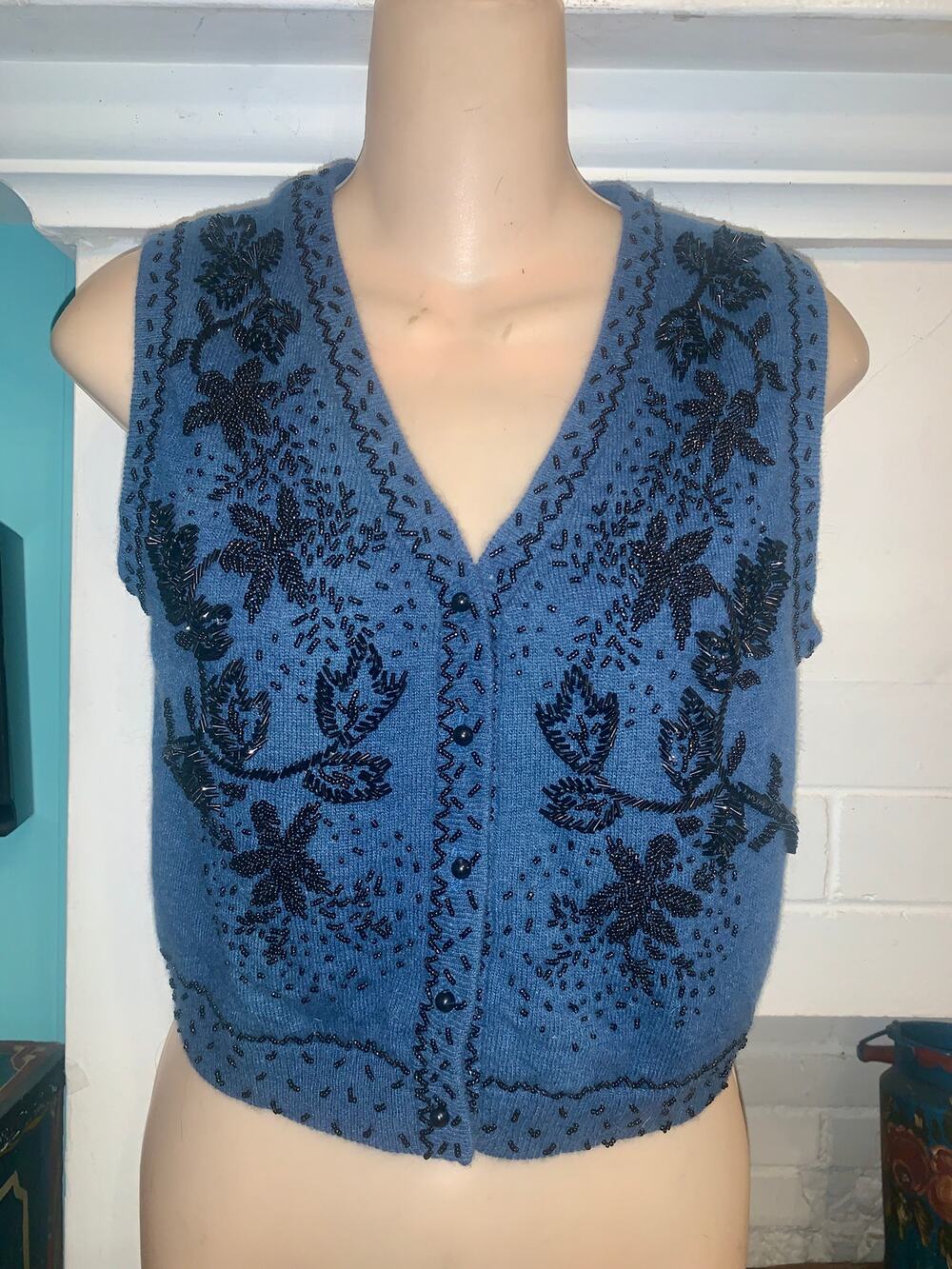 VINTAGE BLUE JET BEADED LAMBSWOOL ANGORA SWEATER VEST HONG KONG S